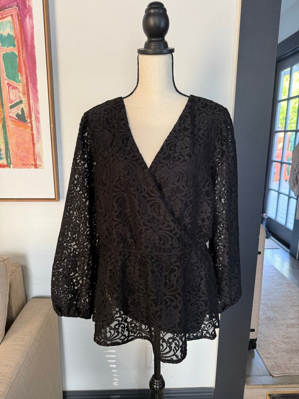 Lane Bryant Black Lace Peplum Top 14/16 V-Neck Long Sleeve